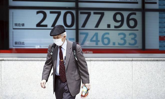 13일 일본 도쿄의 한 거리에서 닛케이225 지수가 표시되는 전광판 앞을 한 노인이 마스크를 쓰고 지나가고 있다. AP연합뉴스