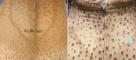 '먼로 드레스'를 킴 카다시안이 입기 전(왼쪽)과, 최근 다시 박물관에 전시된 모습.. [사진 트위터 캡처]