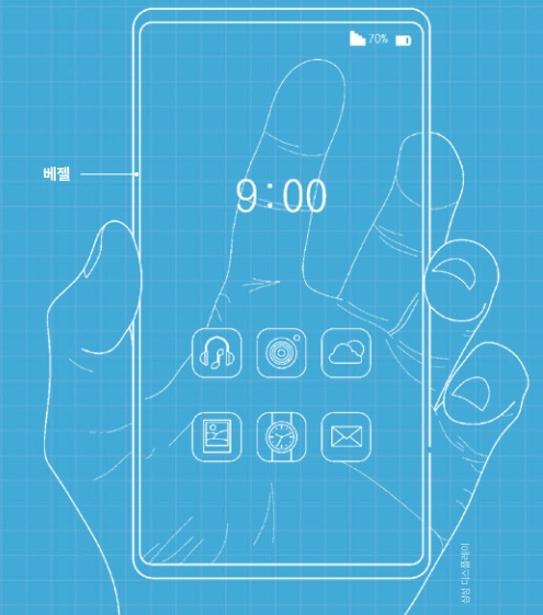 삼성의 투명 디스플레이 이용법. 투명한 디스플레이 너머로 사용자의 손이 비쳐 보인다. 한편 스마트폰이나 노트북 등 디스플레이의 테두리 부분을 뜻하는 ‘베젤’은 불투명하다. 삼성이 2020년 미국특허청(USPTO)에 출원한 특허 ‘투명 디스플레이 장치와 이의 제조법’의 문서에 첨부된 이미지이다. 정보기술(IT)업계는 이를 보고 “아직 투명화할 수 없는 부품들은 베젤 아래에 숨길 계획일 것”이라고 추측하고 있다. 삼성 디스플레이 제공
