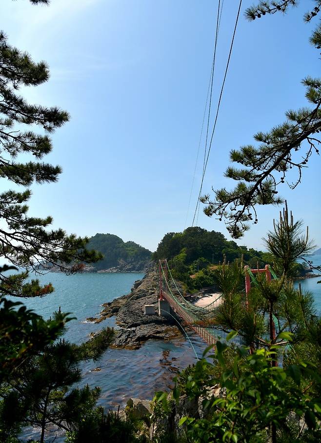 연대도에서 본 만지도와 출렁다리 전경