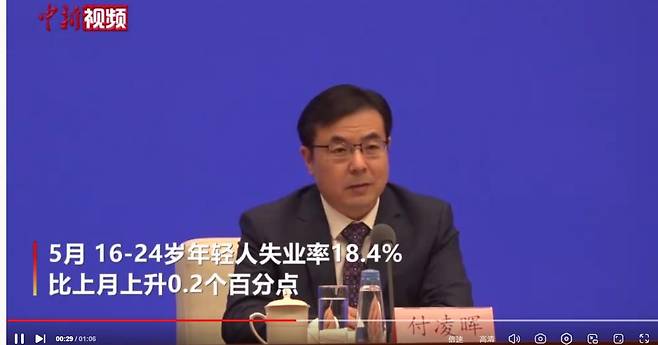 푸링후이 중국 국가통계국 국민경제종합통계국장이 6월15일 5월 경제 지표를 발표하고 있다. 그는 "청년 실업률이 상당히 높다는 점을 중요하게 생각할 필요가 있다"고 했다. /중국신문망 캡처