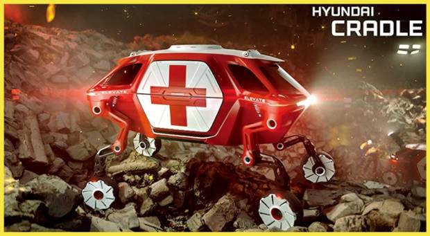 현대자동차그룹이 개발하고 있는 ‘UMV(궁극의 모빌리티 차량)’인 엘리베이트. 4족 보행과 네 바퀴 주행이 모두 가능한 무인 모빌리티다.  현대차그룹 제공