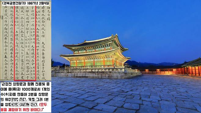 <경복궁영건일기> 1867년 2월9일자는 “‘용(龍)’자 1000개로 만든 ‘수(水)’ 2점과, 용그림 1점을 상량문 위아래·허리춤에 넣어두었는데, 이것은 불을 제압하기 위해서(皆所以制火)였다’고 기록했다.