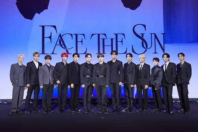 K-pop boy band Seventeen conducts a press conference for the act’s fourth LP “Face the Sun” on May 27 at the Conrad Seoul hotel in Yeouido, Seoul. (Pledis Entertaiment)