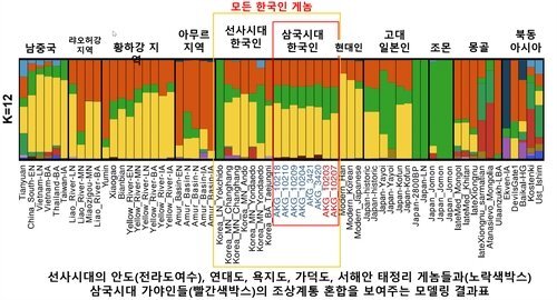 가야인 게놈의 유전적 혼합비율 그래프. 삼국시대 한국인과 선사시대, 현대 아시아인의 유전적 구성을 비교한 유전적 혼합비율 그래프. X축의 파란색과 빨간색 이름이 8명의 가야인 게놈. 울산과학기술원 제공.