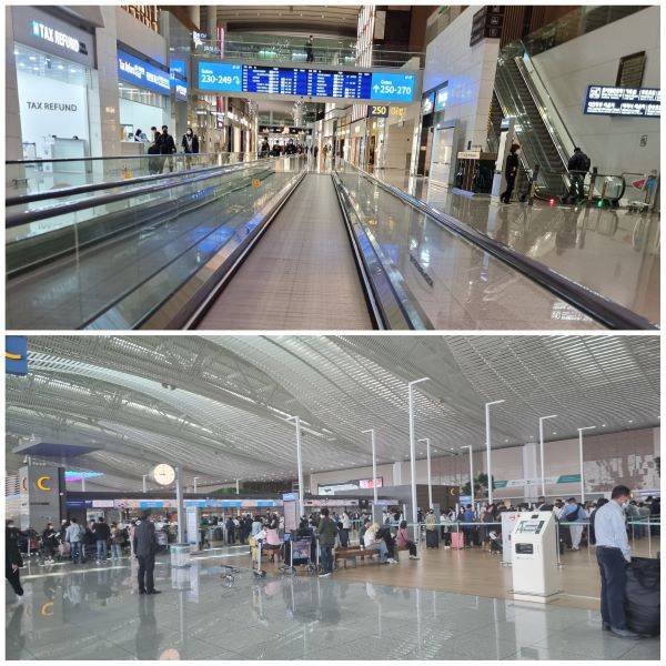 작년 12월 미국 출국 당시의 인천국제공항(위), 이번 5월 유럽 출국 당시의 인천국제공항(아래). 한눈에 봐도 이용객이 많이 늘었다.