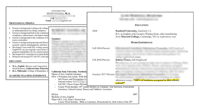 학원 업무에 지원한 대필 작가들의 이력서. 한 지원자는 이력서에 "학생이 최우선으로 원하는 학교에 100% 합격시켜왔다"고 적었다. 오씨 제공