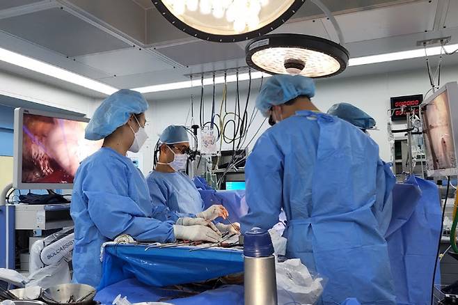 부천세종병원 흉부외과 이희문 과장(왼쪽)이 흉강경 보조 로봇과 3차원 내시경을 이용한 최소침습 수술을 하고 있다.