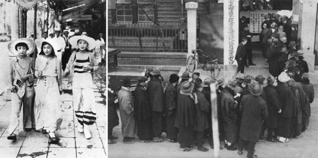 1912년 ‘다이쇼 정변’ 이후 약 20년간 자유주의와 민주주의 사조가 사회 전반을 휩쓴 ‘다이쇼 민주주의’ 시대가 이어졌다. 이
 기간에 보통선거, 언론 자유, 남녀평등을 강화하자는 운동이 일어났고 청년층에선 서양문화가 빠르게 퍼졌다. 다이쇼 민주주의 시대에
 서양식 복장을 한 ‘모던걸’들이 거리를 활보하고 있다(왼쪽 사진). 1928년 보통선거제에 따라 실시된 첫 총선 투표장에 줄지어
 선 유권자들. 사진 출처 위키피디아·artefactoryimage