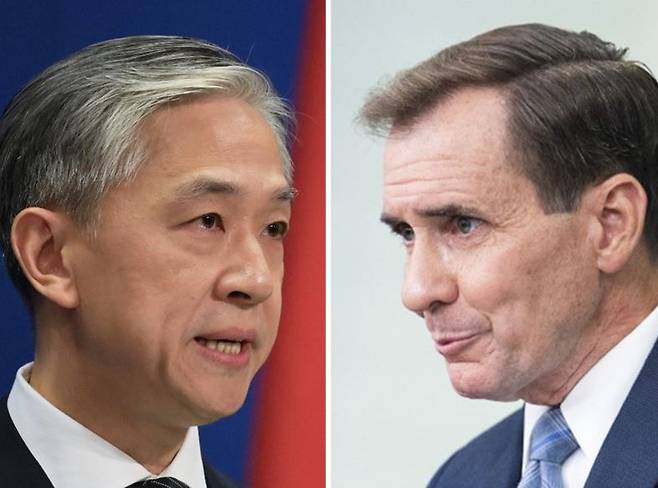 한국 등 아시아 태평양 4개국 정상들이 이달말 나토 정상회의에 참석하는 것을 놓고 미국과 중국이 대립각을 세웠다. 왕원빈 중국 외교부 대변인(왼쪽)이 공식 반대 입장을 내놓자 미국 백악관 존 커비 국가안보회의(NSC) 전략소통조정관은 "중국에는 거부권이 없다"고 못 박았다./ ⓒAFP=뉴스1