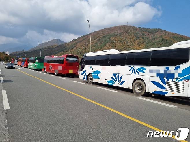 지난해 강원 속초 설악산국립공원 설악지구 초입 도로에 등산객들을 싣고 온 전세버스들. (뉴스1 DB)