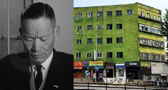 6.25 때 여섯 아들이 모두 전사했다고 주장해 정부로부터 충정아파트를 무상 불하받은 김병조씨(왼쪽)과 국내 최고령 아파트인 서울 서대문구 충정아파트. 사진 KTV, 김민욱 기자