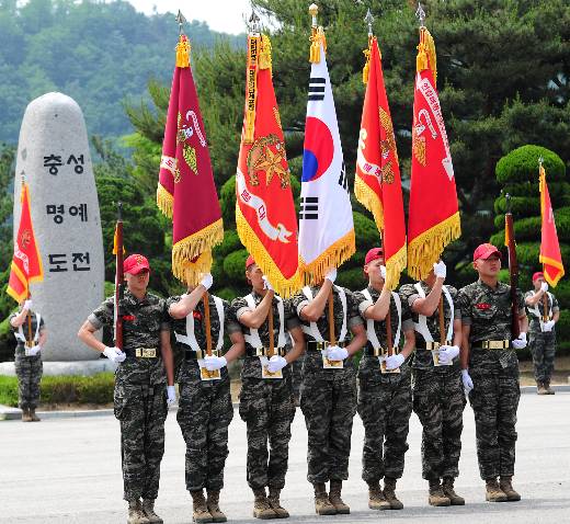 25일 국방부 장관의 국립현충원 참배 현장에 해병대기가 처음으로 등장했다. /해병대기 자료사진. 사진=뉴스1