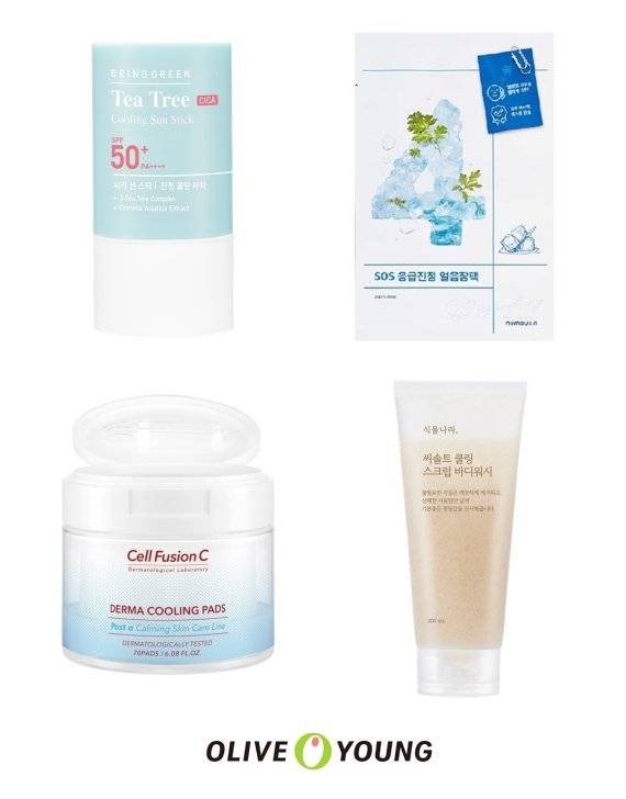 (왼쪽 상단부터 시계 방향으로) 브링그린 티트리시카 쿨링 선스틱, 넘버즈인 4번 SOS 응급진정 얼음장팩, 식물나라씨솔트 쿨링 스크럽 바디워시, 셀퓨전씨 포스트 알파 쿨링 패드