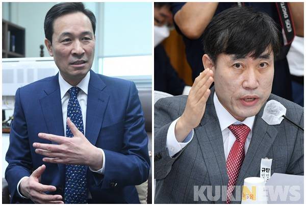 우상호 더불어민주당 비상대책위원장(왼쪽)과 하태경 국민의힘 해양수산부 공무원피격사건 진상조사 TF 단장. &nbsp; 사진=박효상 기자