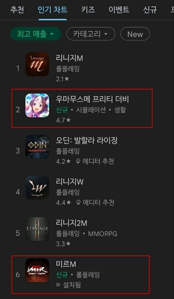 6월 27일 오전 기준 구글 플레이 스토어 매출 순위.