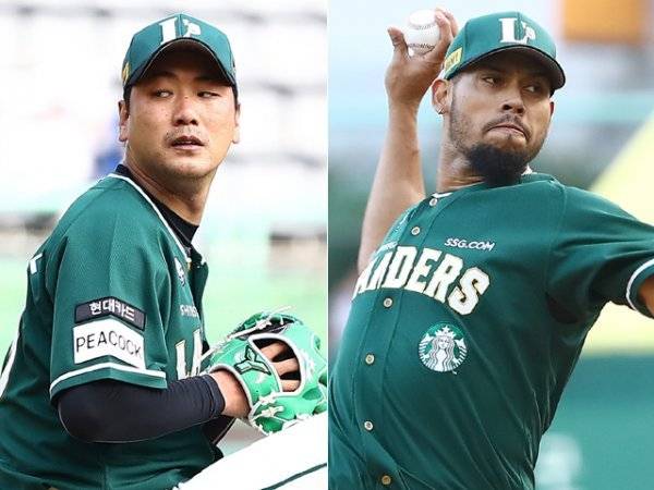 SSG 김광현(왼쪽)과 윌머 폰트는 올 시즌 리그 최고의 원투펀치로 위력을 떨치고 있다. 전반기가 끝나기도 전에 17승을 합작한 두 투수는 2019년 김광현-앙헬 산체스가 합작한 34승을 뛰어넘어 구단 역사상 최고의 원투펀치를 꿈꾼다. 사진제공 I SSG 랜더스