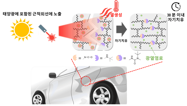 고분자 동적 화학결합 구조 및 광열염료를 포함하는 자동차용 친환경 보호용 코팅소재의 자가치유 원리 (자료=화학연)