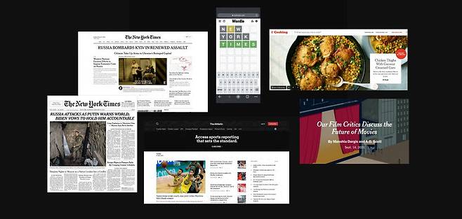 NYT의 다양한 콘텐트들. 종이신문, 웹, 게임, 쿠킹, 디 애틀레틱(스포츠 저널리즘 인터넷 전문매체로 뉴욕타임스가 2022년 1월에 인수) 등을 포괄한다./nytco