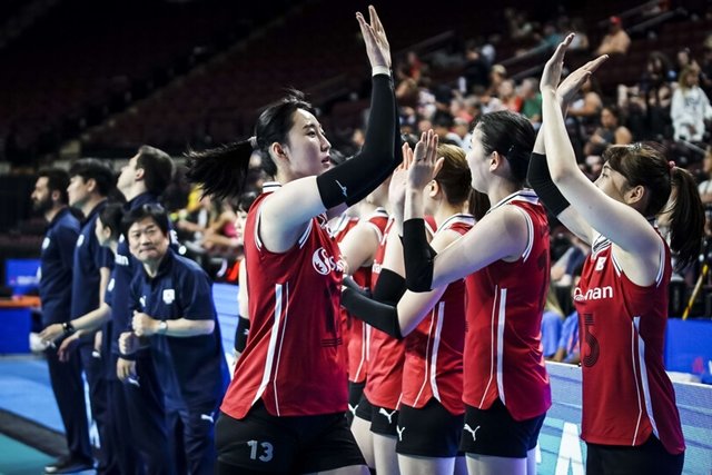 경기 시작 전 하이파이브를 주고받는 한국 여자 배구 대표팀. 국제배구연맹(FIVB) 제공