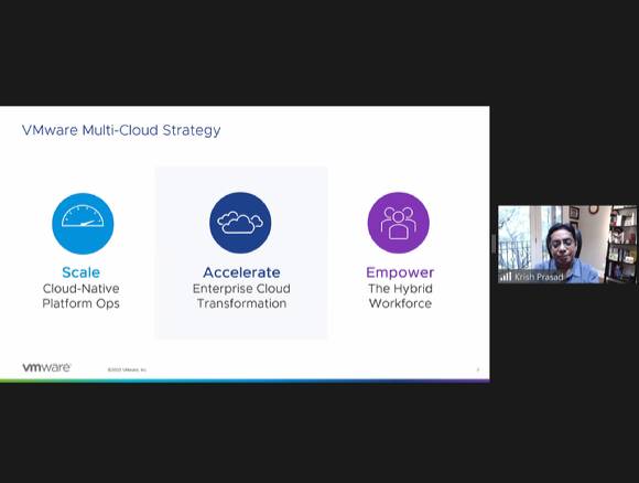 크리쉬 프라사드 VM웨어 수석 부사장 겸 총괄 관리자가 회사의 멀티 클라우드 전략을 발표하고 있다. [사진=VM웨어]