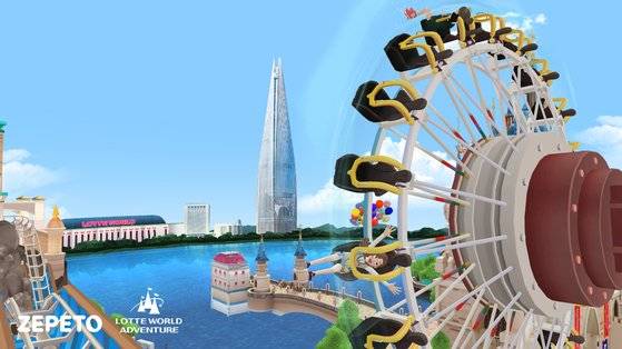'제페토'에서 서비스 중인 '롯데월드 메타버스'. 가상 세계에서 실제처럼 석촌호수와 롯데월드타워를 배경으로 놀이기구를 즐긴다. 사진 롯데월드