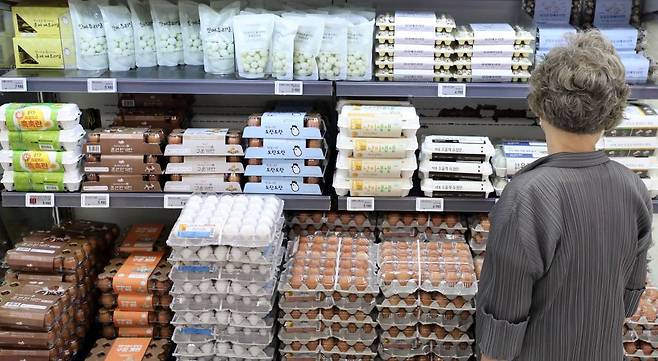 이달 23일 서울시내 한 대형마트에서 고객이 달걀을 살펴보고 있다. 돼지고기가 21.8%, 달걀이 4.8% 오르는 등 지난달 생산자물가가 5개월 연속 상승 흐름을 보였다. 한국은행이 이날 발표한 올해 5월 생산자물가지수는 119.24(2015년 100기준)로 전월대비 0.5% 올라 5개월 연속 상승, 역대 최고치를 기록했다. / 사진제공=뉴시스