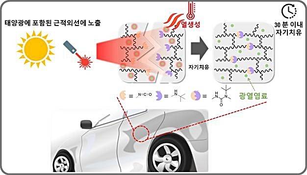 [대전=뉴시스] 고분자 동적 화학결합 구조 및 광열염료를 포함하는 자동차용 친환경 보호용 코팅소재의 자가치유 원리. *재판매 및 DB 금지