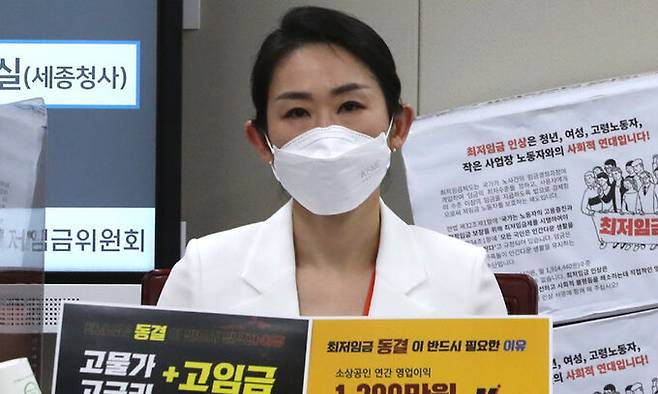 28일 세종시 정부세종청사 최저임금위원회 회의실에서 열린 제7차 전원회의에서 사용자위원인 금지선 한국메이크업미용사회 회장이 최저임금 동결 손팻말을 들고 있다. 뉴스1