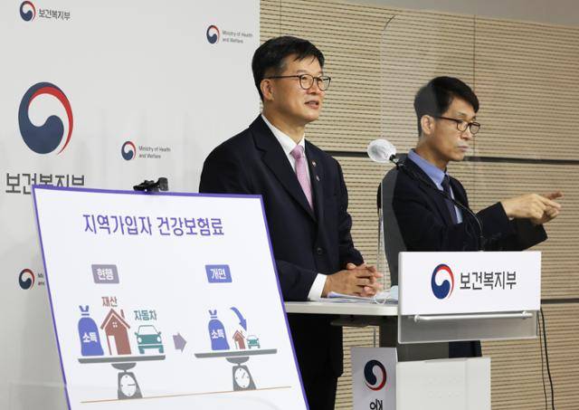 이기일(왼쪽) 보건복지부 2차관이 29일 오전 세종시 정부세종청사에서 건강보험료 부과체계 2단계 개편 방안을 설명하고 있다. 세종=연합뉴스