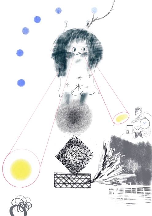 이 부드러운 바람이 강을 거슬러 산골짜기로 오르는 걸 봐. 세상의 가장 굳은 데로 달리어 뛰면서 세상의 온갖 잘몬들을 어루만지잖아. 닝겔, 흐르는 시선2, 2022,아이패드.