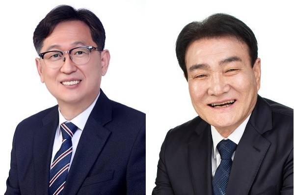 더불어민주당 소속 전주시의원 당선인들이 제12대 전주시의회 전반기 의장 후보로 선출한 이기동 당선인(왼쪽)과 부의장 후보로 확정된 이병하 당선인