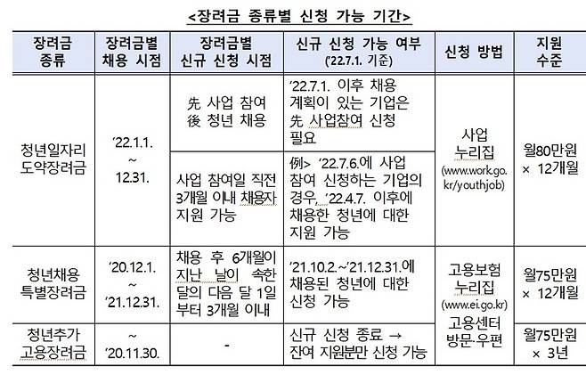 [서울=뉴시스] 청년채용장려금 종류별 신청 가능 기간. 2022.06.30. (사진=고용노동부 자료 갈무리) photo@newsis.com *재판매 및 DB 금지