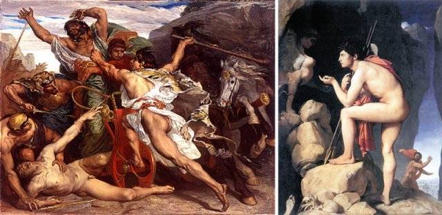 오이디푸스는 자신이 아버지를 살해하고 어머니를 아내로 맞았다는 사실을 모른 채 20년간 ‘가상의 행복’을 누린다. 테베의 역병을 
해결하기 위해 선왕의 살해자를 찾기 시작하지만 정작 범인은 그 자신이었다. 조제프 블랑이 그린 ‘라이오스의 살해자 
오이디푸스’(1867년·왼쪽 사진)와 장 오귀스트 도미니크 앵그르의 ‘오이디푸스와 스핑크스’(1808년). 사진 출처 위키피디아