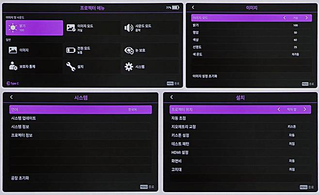 프로젝터 메뉴를 통해 밝기나 전력 상황, 색감 등을 점검할 수 있다. 출처=IT동아