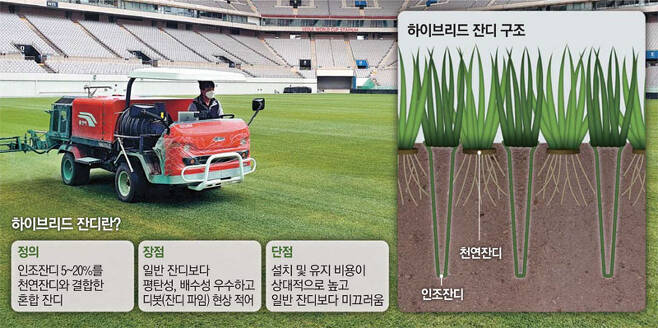 서울월드컵경기장은 국내 최초로 하이브리드 잔디를 도입했다. 서울시설공단 직원이 병충해 방지약을 뿌리고 있다. [이용익 기자]