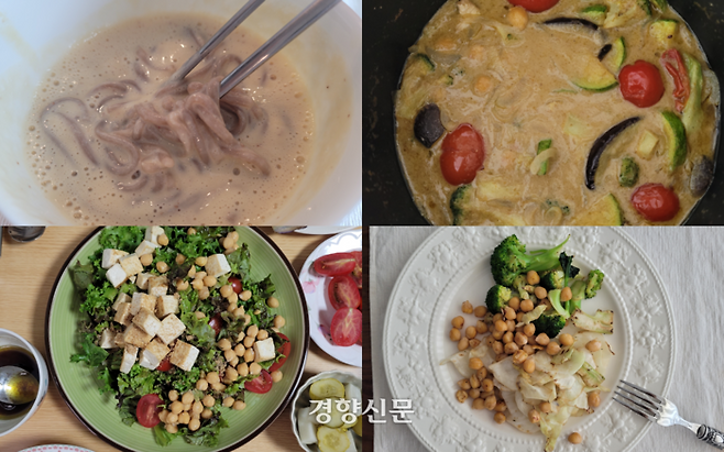 병아리콩을 한 솥 삶아 두고 콩국수, 커리, 샐러드, 채소구이에 두루 활용했습니다.