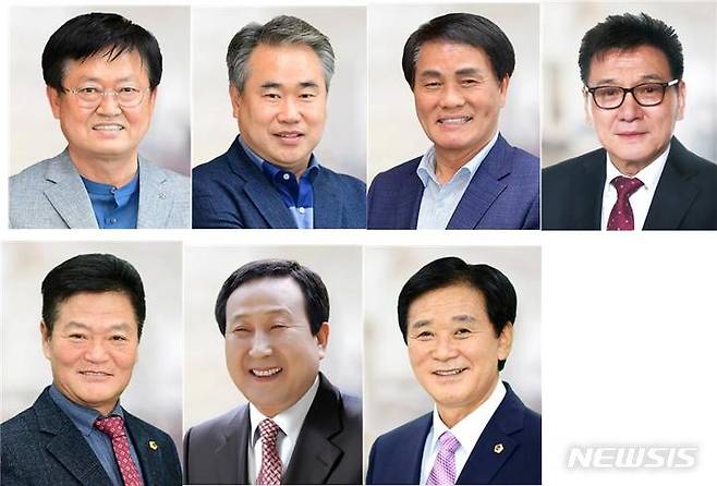 [창원=뉴시스] 제12대 경남도의회 7개 상임위원장 국민의힘 후보. 왼쪽 위부터 의회운영위원장 신종철, 기획행정위원장 박준, 교육위원장 박병영, 농해양수산위원장 김현철 의원. 왼쪽 아래부터 경제환경위원장 김일수, 건설소방위원장 박해영, 문화복지위원장 김재웅 의원.(사진=경남도의회 제공) 2022.07.02. photo@newsis.com