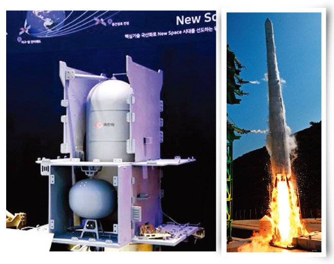 ㈜한화가 제작한 달탐사선 ‘다누리호’의 인공위성 추진 시스템[사진 제공 · ㈜한화](왼쪽)과 한국항공우주산업(KAI)이 총 조립해 6월 21일 전남 고흥군 나로우주센터에서 발사된 누리호. [동아DB]