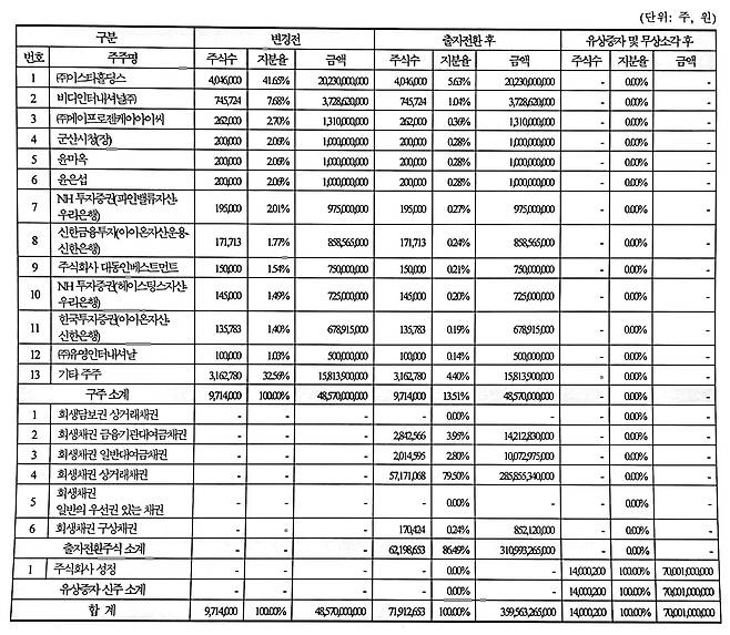 이스타항공 회생계획안에 기재된 유상증자와 무상소각 후 지분 변동 내역. /김우영 기자