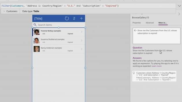 마이크로소프트(MS)는 지난해 6월 자사 개발자대회 '빌드 2021'에서 자연어 모델 'GPT-3'를 로우코드 플랫폼에 적용했다고 밝혔다. 문장을 입력하면 인공지능이 코드를 자동으로 변환해준다. 툴 상단에 코드 배열이 나타난다. MS 제공.