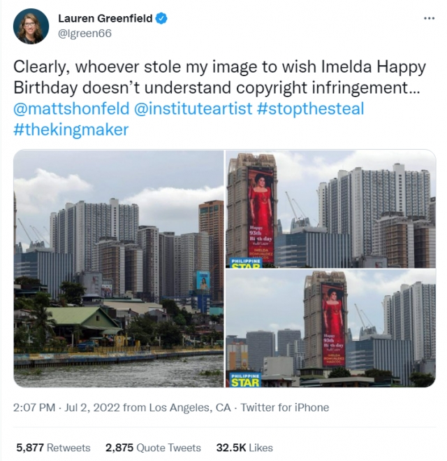 다큐멘터리 '킹메이커' 작가인 로렌 그린필드의 트위터. 그는 트위터에서 "이멜다의 생일을 축하하면서 저작권을 침해한 사실을 깨닫지 못했다"고 지적했다. 트위터 캡처