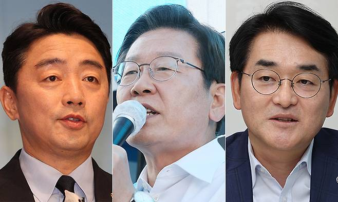 더불어민주당 강훈식(왼쪽부터), 이재명, 박용진 의원. 연합뉴스