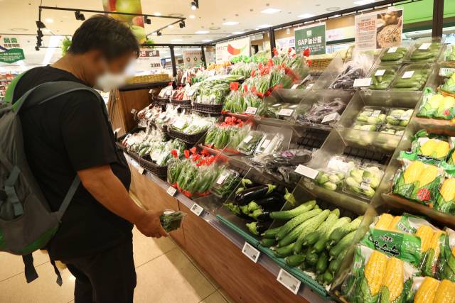 지난 달 20일 서울 시내 한 대형마트에서 고객이 무포장·낱개 판매중인 농산물을 살펴보고 있다. /연합뉴스