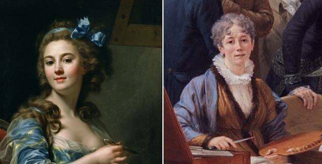 마리 가브리엘 카페 '자화상'(1782년·일본 국립서양미술관·왼쪽)과 카페의 '마담 뱅상의 아뜰리에'(1808년· 독일 노이에 피나코테크 미술관) 부분 확대.