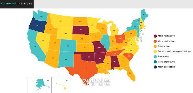 미국 각 주별 임신중단 허용 현황 그래픽 출처: 구트마허연구소