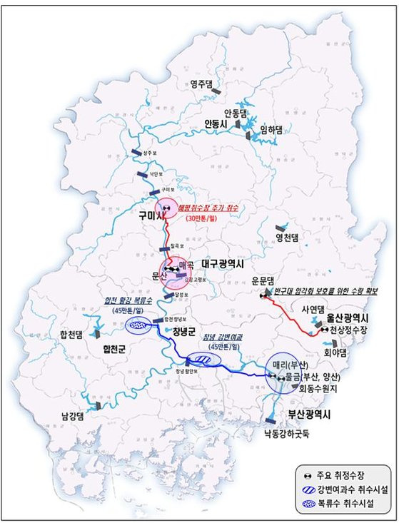 환경부가 지난달 30일 발표한 낙동강 수질 대책. 경남 창녕에서 강변여과수를, 황강에서 복류수를 취수하는 것 외에도 경북 구미시 낙동강에서 취수한 상수원수를 대구에 공급한다는 내용과 운문댐의 물을 울산에 공급한다는 내용도 담겨 있다. [자료 환경부]