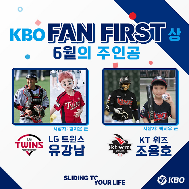 ▲ KBO 팬퍼스트상을 받은 LG 유강남과 김지온 군, kt 조용호와 박시우 군(왼쪽부터).