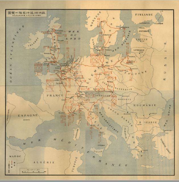 영친왕은 1927년 6월부터 이듬해 3월초까지 유럽 13개국을 돌아다녔다. 시노다가 1928년 출간한  '歐洲御遊隨行日記'(大阪屋號書店) 에 수록된 지도.