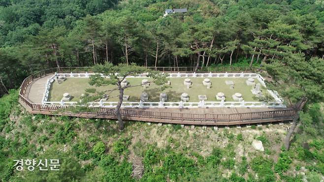 세종대왕 왕자 18명과 원손(단종)의 태실이 조성되어 있는 경북 성주 선석산(해발 742.4m) 태봉(258.2m). 정상부 평탄지(남북 50m, 동서 20m)에 태실이 2열 횡대로 늘어서 있다.|성주군청 제공